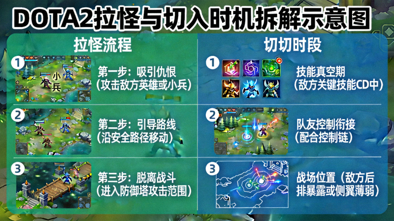 DOTA2拉怪与切入时机拆解示意图