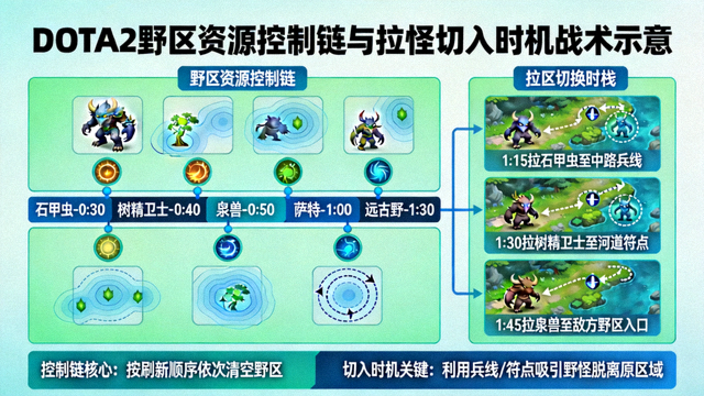 DOTA2野区资源控制链与拉怪切入时机战术示意