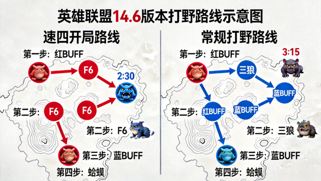 英雄联盟14.6版本打野路线与速四开局路线示意图